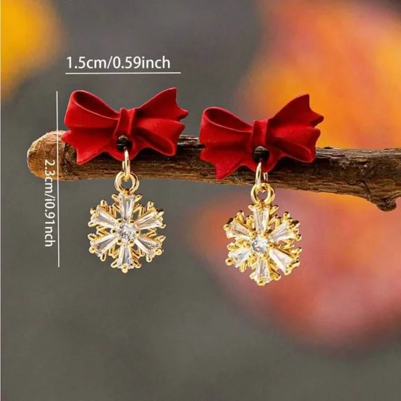 Chic Red Bow Earrings with Crystal Charm - Picture 3 of 3